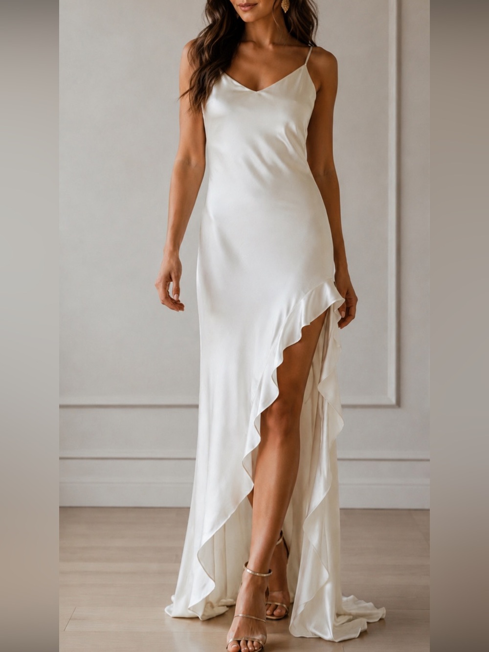 Elegant Satin Dress with Ruffle High Slit
